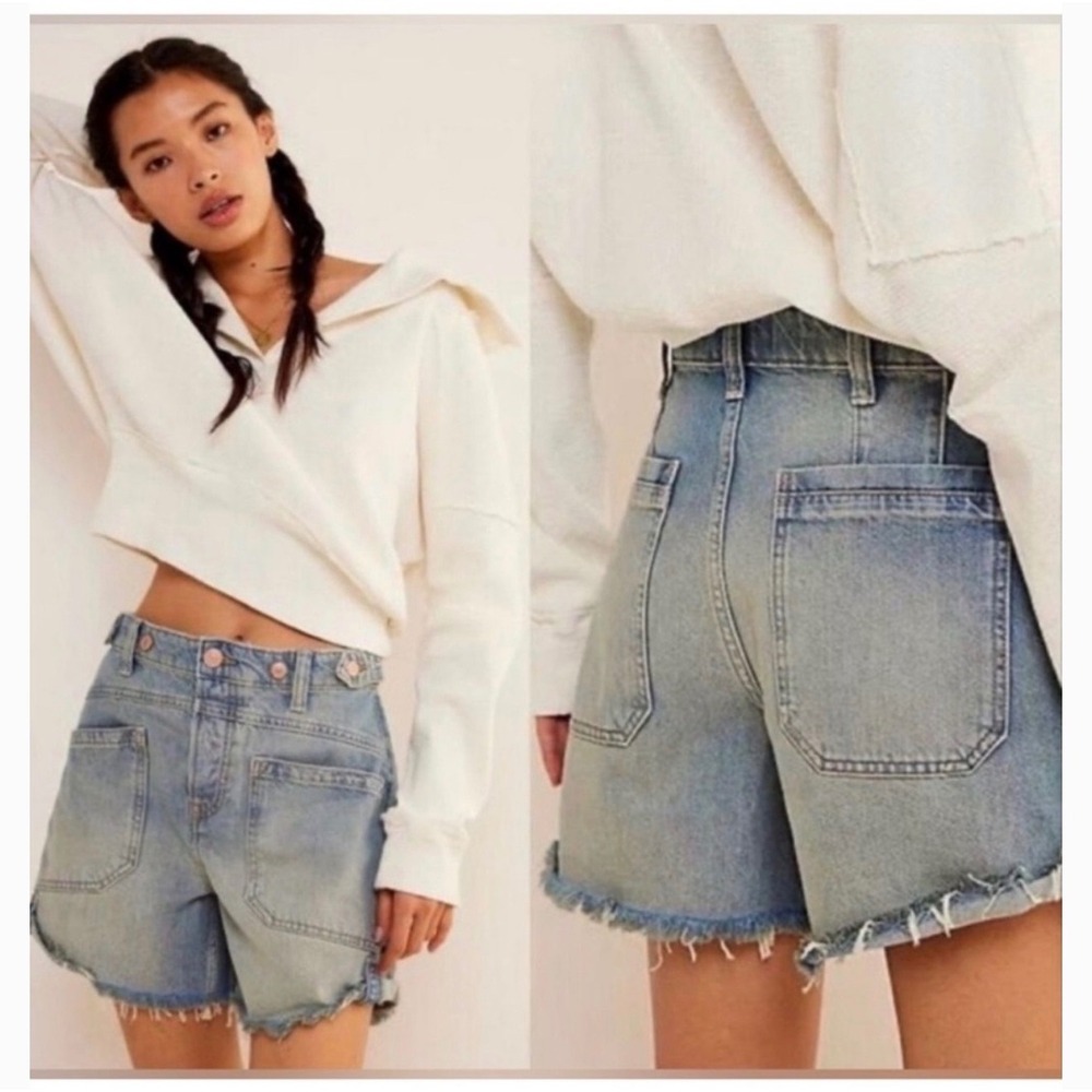 We The Free Denim Shorts Womens 30 High Rise Raw Hem Button Fly Boho Distressed - Picture 9 of 11
